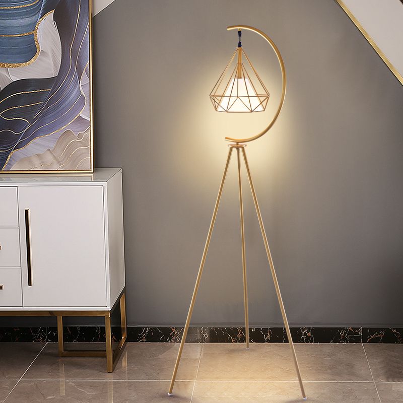 Finition noir / or Diamond Cage Floor moderniste 1 Light Metal Metal Tri-leg Perdre Planchers