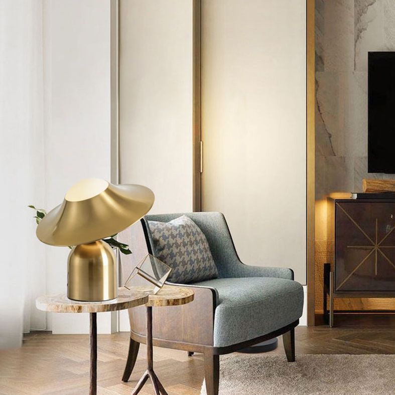 Gold Hat Shaped Table Light Postmodern Style 1 Bulb White Glass Night Stand Lamp
