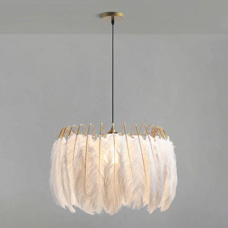Round Shaped Feather Ceiling Light Modern Style White Hanging Pendant Light for Living Room