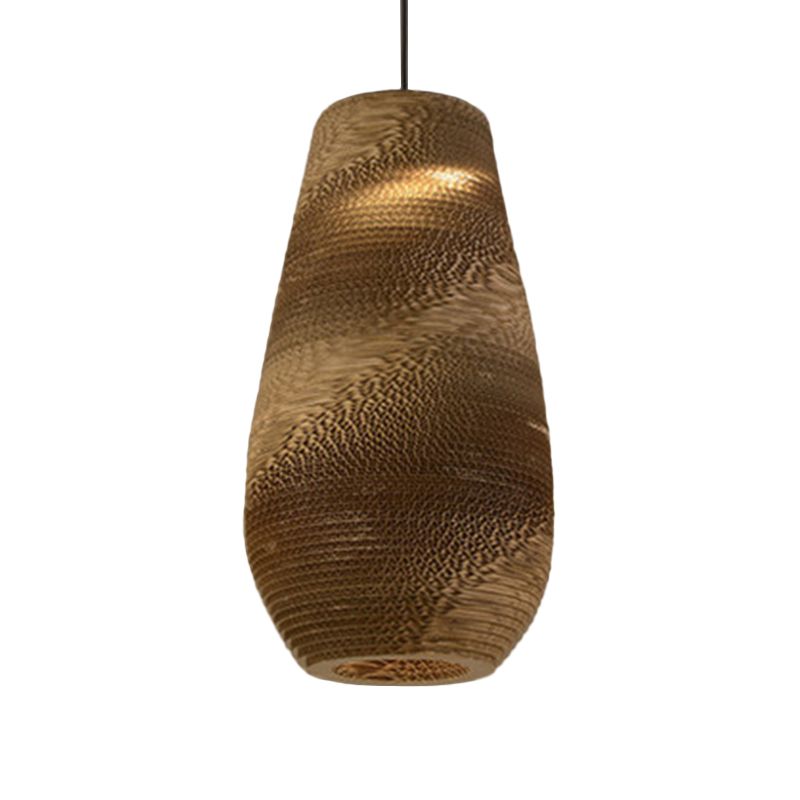 Paper Trapezoid/Vase Pendant Light Kit Country Style Single Brown Suspension Lamp, 10"/12"/15" Wide