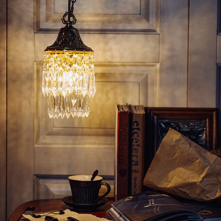 Vintage Wind Chime Crystal Pendant Lamp Golden Relief Crown Hanging Light for Bedroom