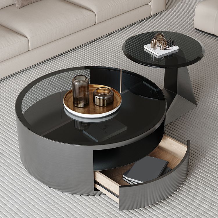 Contemporary Round Glass Coffee Table Set 1-Drawer 2 Piece Bunching Tables