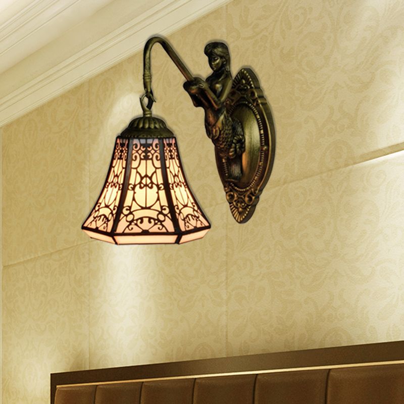 Antique Bronze 1 Head Wall Mounted Light Tiffany White Glass Flared Sconce Lighting