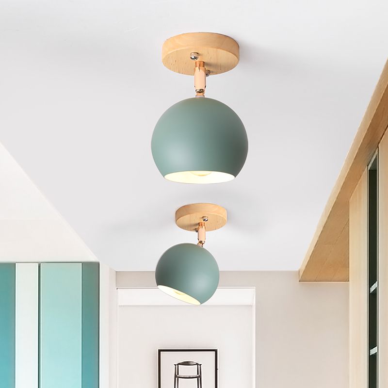 White/Green Ball Flush Mounted Light Simple 1-Bulb Adjustable Semi Ceiling Flush Mount with Round Wood Canopy