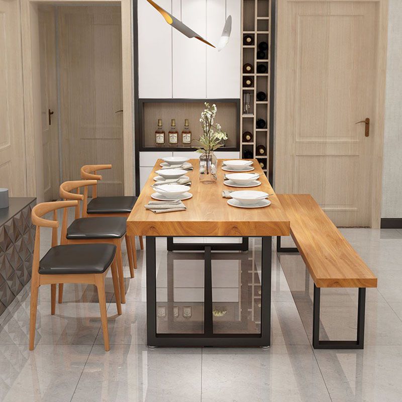 Pine Wood Top Dining Table Industrial Rectangle Table with Trestle Base in Black