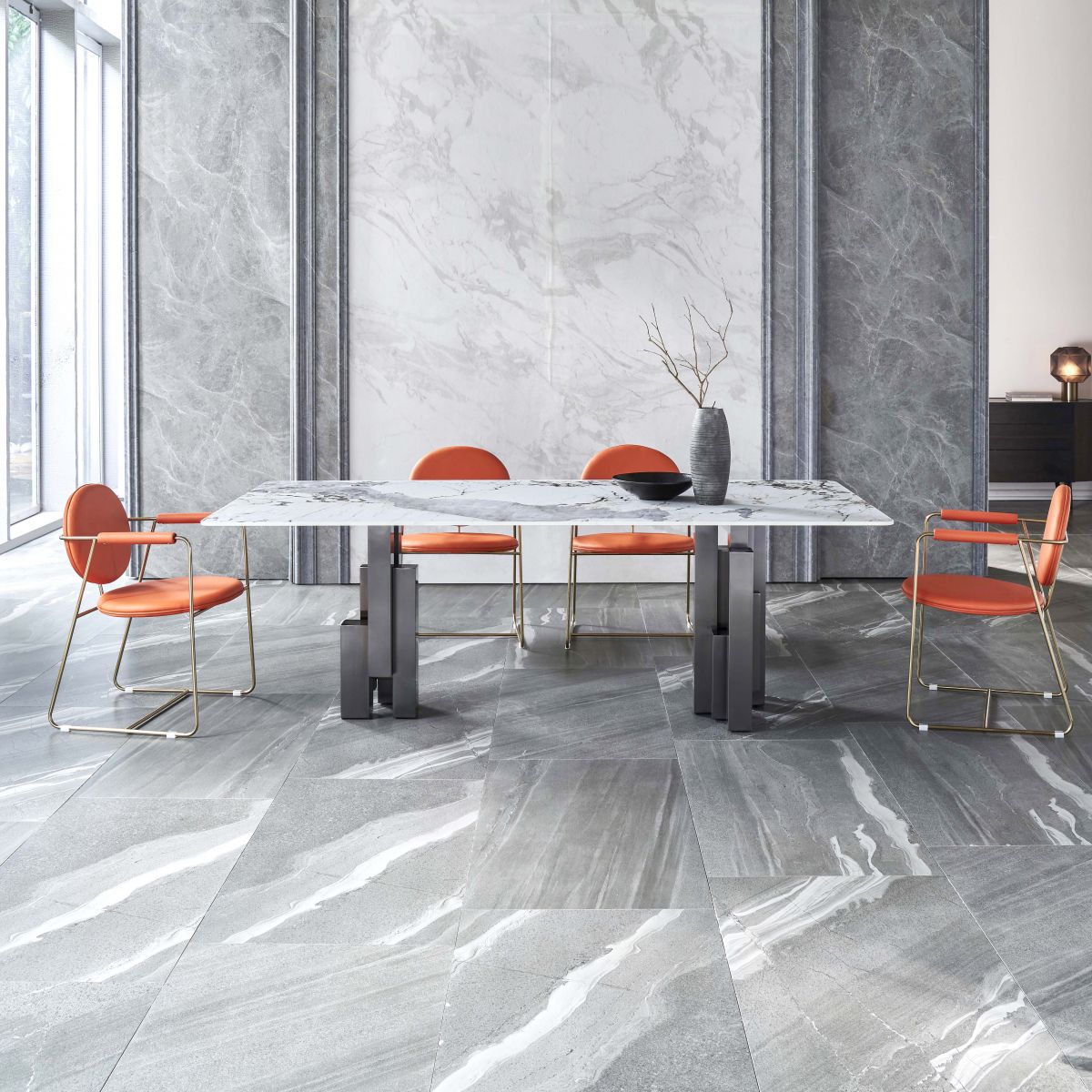 Modern Style Sintered Stone Dining Set with Grey Rectangle Shape Table and Double Pedestal Base