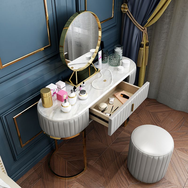 Wood Vanity Set with Stool and Mirror Stone Top Vanity in Grey