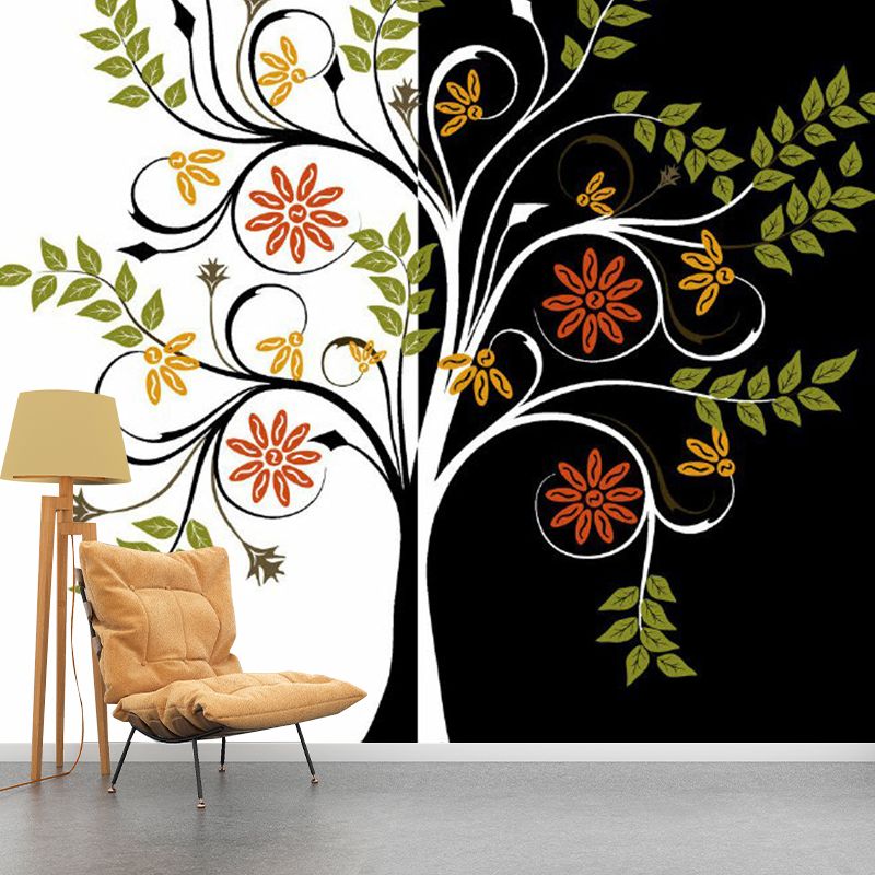 Green-Black Tree Murals Botanical Modern Art Stain Resistant Wall Decor for Bedroom