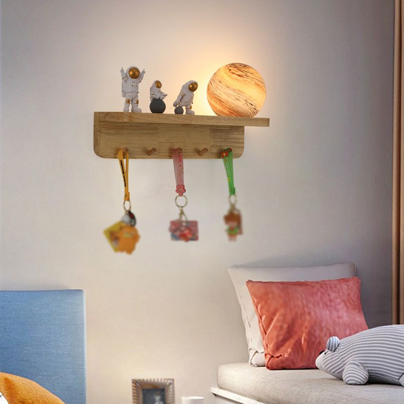 Modern Wood Wall Sconce Ball Shape Wall Light with Glass Shade without Decorations