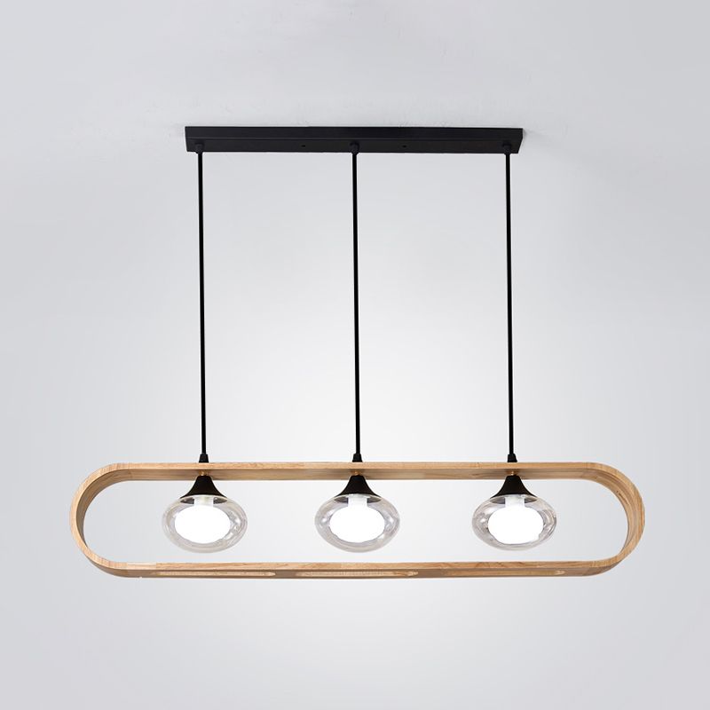 Beige Rectangle Hanging Lighting Modernism 3-Head Wood Cluster Pendant Lamp with Oval Clear Glass Shade