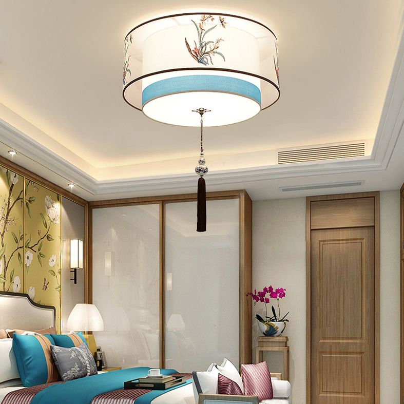 Geometric Wrought Iron Ceiling Light in Traditional Simplicity Fabrics Indoor Flush Mount with Ceramic Flower Decoration