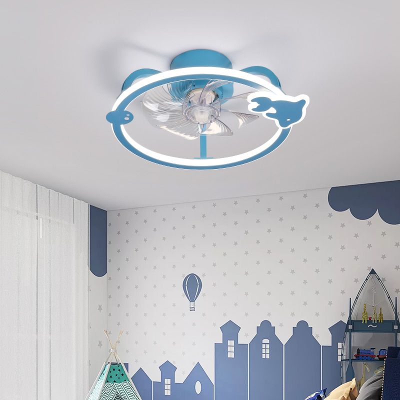 Circular Cartoon Ceiling Fan Light Fixture Children Bedroom LED Semi Flush Mount Lamp