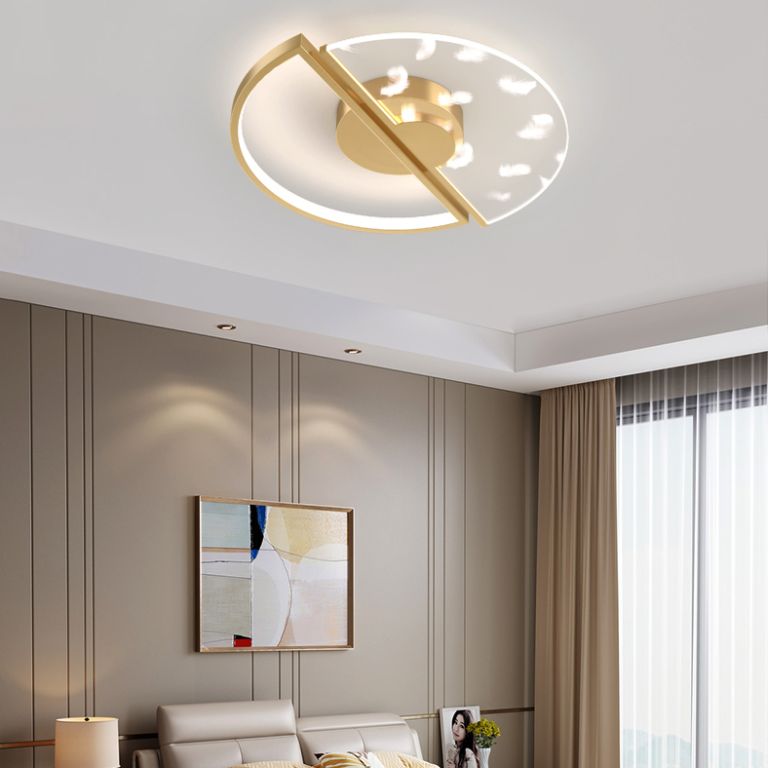 Modern Luxury LED Feather Ceiling Light Wrought Iron Circular Flush Mount with Acrylic Shade