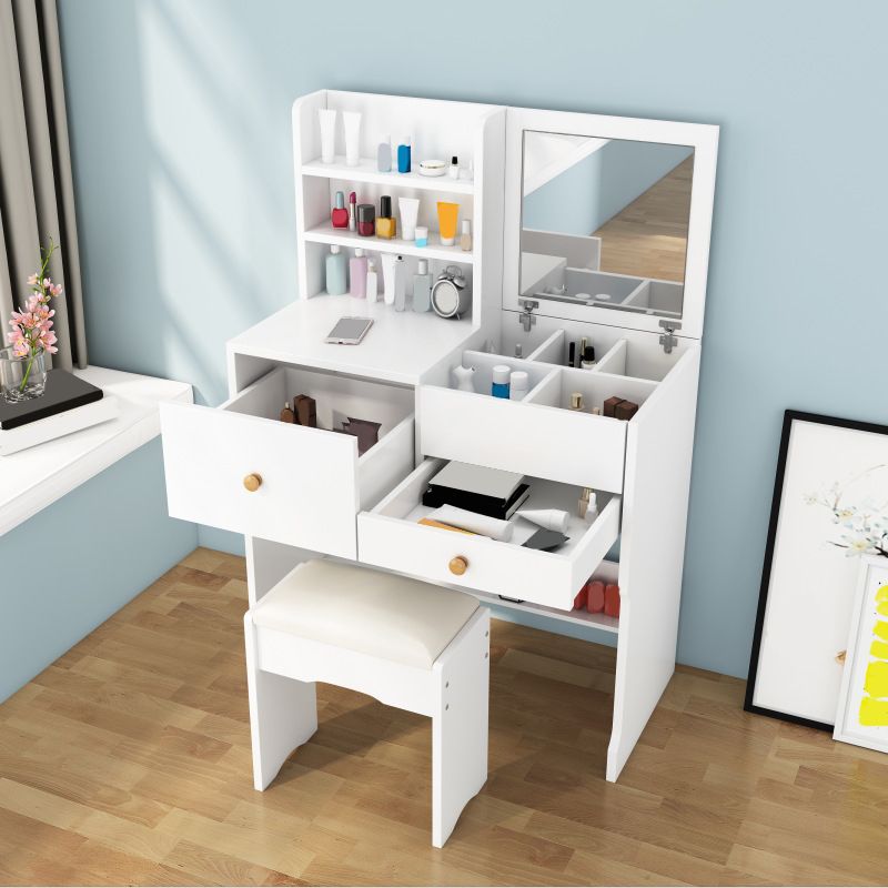 Scandinavian Engineered Wood Dressing Table Set with Mirror and Padded Stool