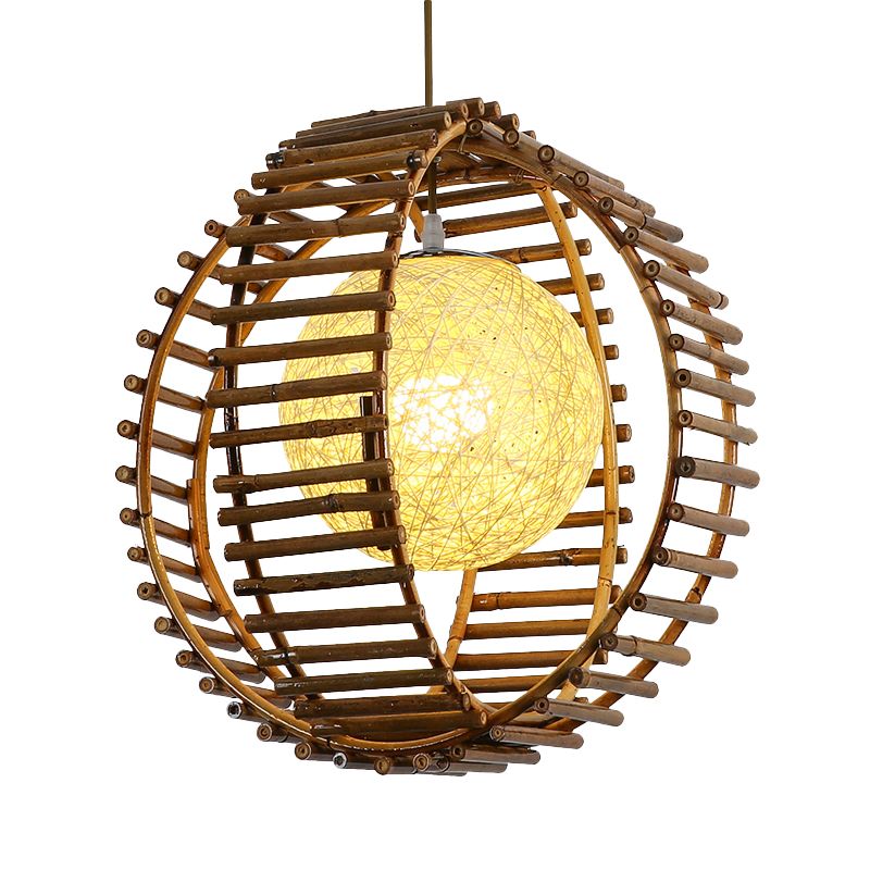 Sphere Bamboo Hanging Light Asian 1 Bulb Khaki Pendant Lighting Fixture for Bedroom