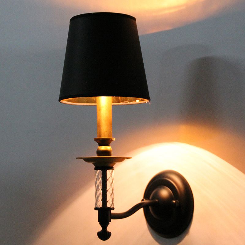 Conical Foyer Sconce Light Antique Fabric 1 Light Black Wall Mounted Lamp with Acrylic Accent