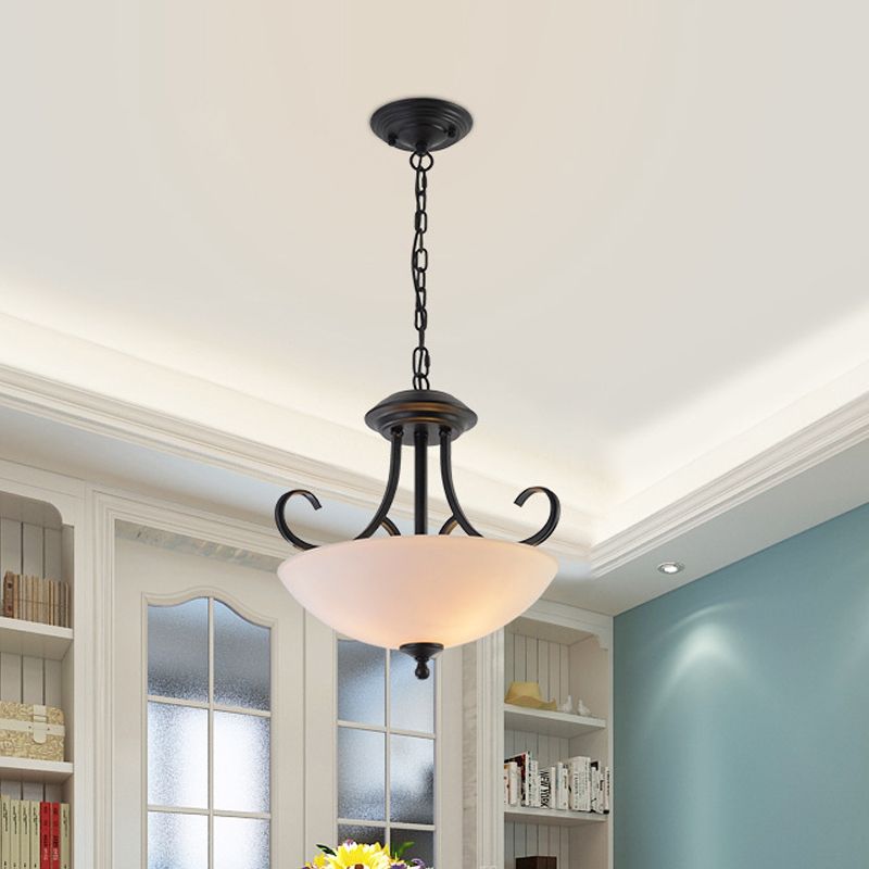 3-Bulb Bowl Pendant Chandelier Classic White Frosted Glass Hanging Light Kit with Scroll Arm