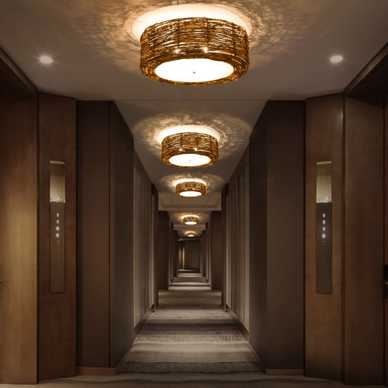 Rattan Rustic Flush Mount Ceiling Light Fixtures 1 Light Drum Flush Ceiling Light Fixture for Bedroom