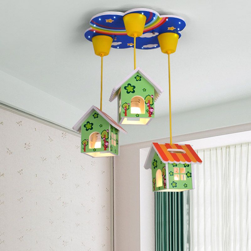 Kids Style 3/6-Light Flush Light Fixture White Rabbit/Blue Plane/Green House Ceiling Lighting with Plastic Shade