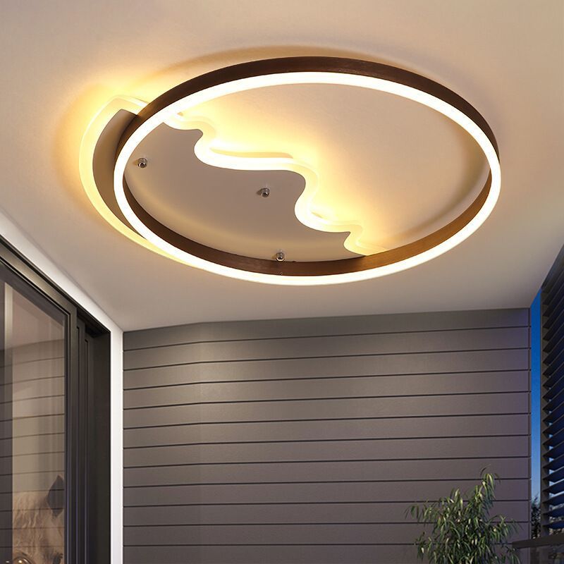 Mountain Living Room Flush Ceiling Light Metal Contemporary LED Flush Mount Lighting Fixture with Metal Ring in Coffee