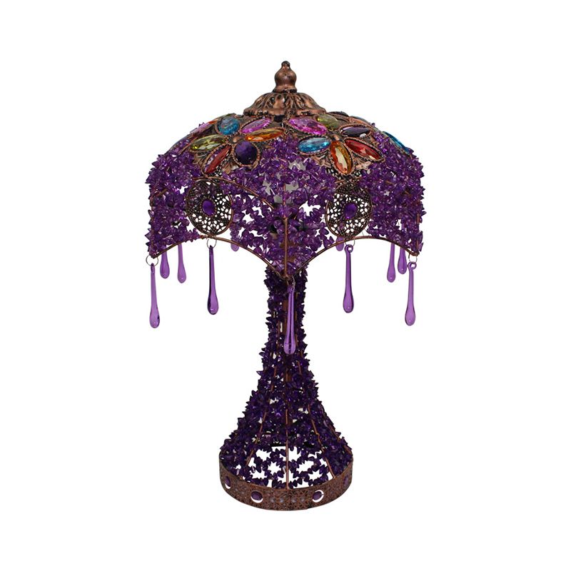 Lampada da comodino a 1 luci Bohemian macchiata di vetrata ciotola scavata da tavolo con base svasata in viola/rosso