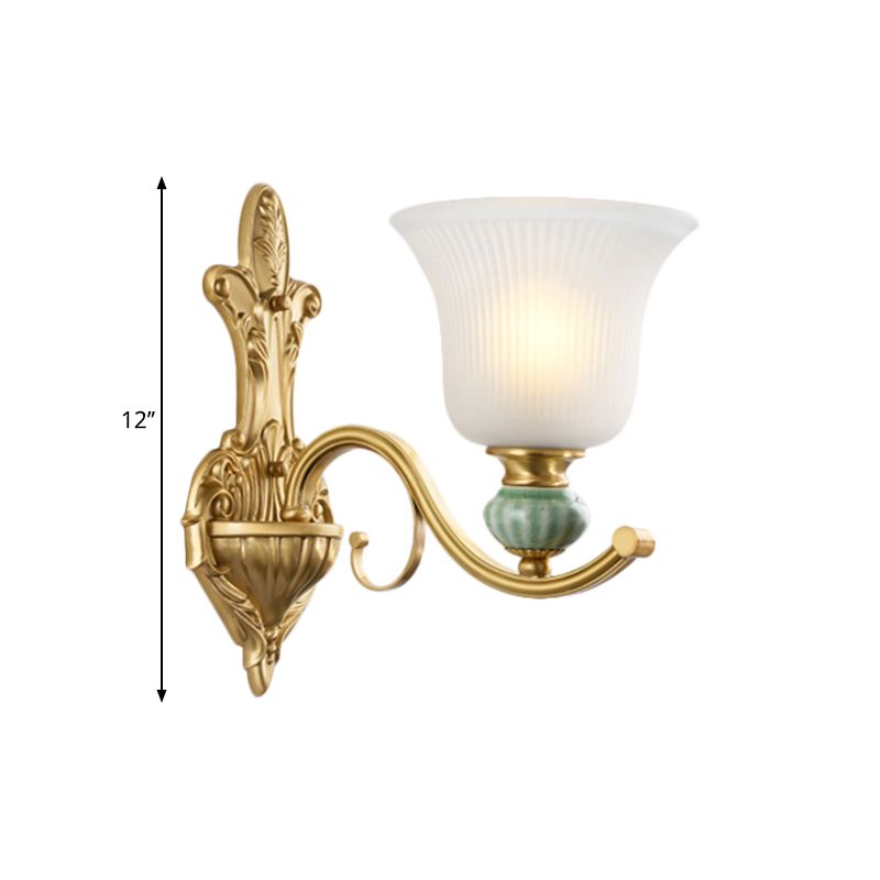 Modern Style Bell Wall Mount Light 1/2-Bulb Frosted Glass Wall Light with Golden Curved Arm and Ceramic Deco
