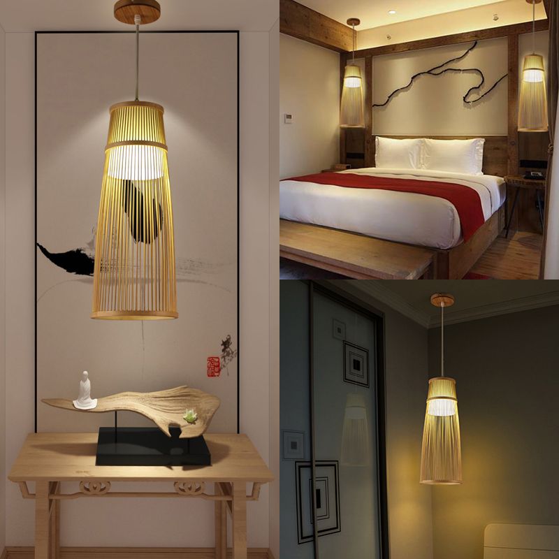 Iluminación colgante de bambú con un palo a mano estilo asiático 1 lámpara de colgación beige ligera para comedor