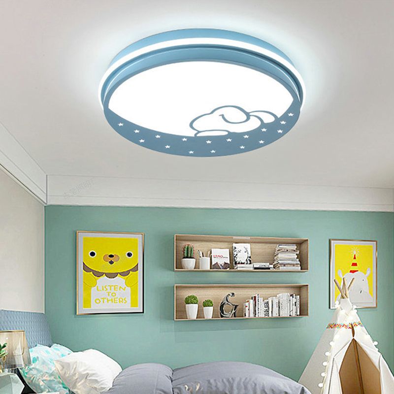 Lovely Circle LED Flush Ceiling Light with Moon & Rabbit Metal Whit Ceiling Lamp for Kindergarten