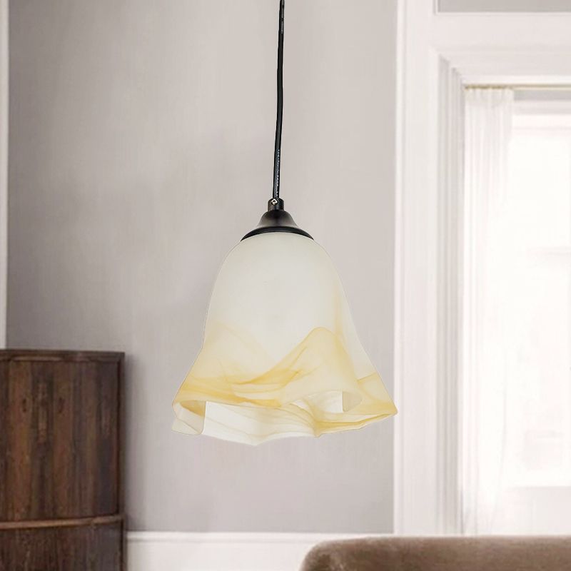 Contemporary 1-Light Down Light with White Frosted Glass Shade Black Floral Ceiling Hang Fixture