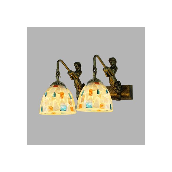 Mosaic Shell Sconce Light Fixture Mediterranean 2 Lights Beige/White-Yellow/Yellow-Blue Wall Mounted Light for Bathroom