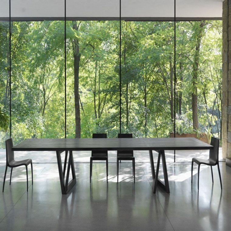 Modern Black Rectangle Dining Table Solid Wood Top Iron Base Table