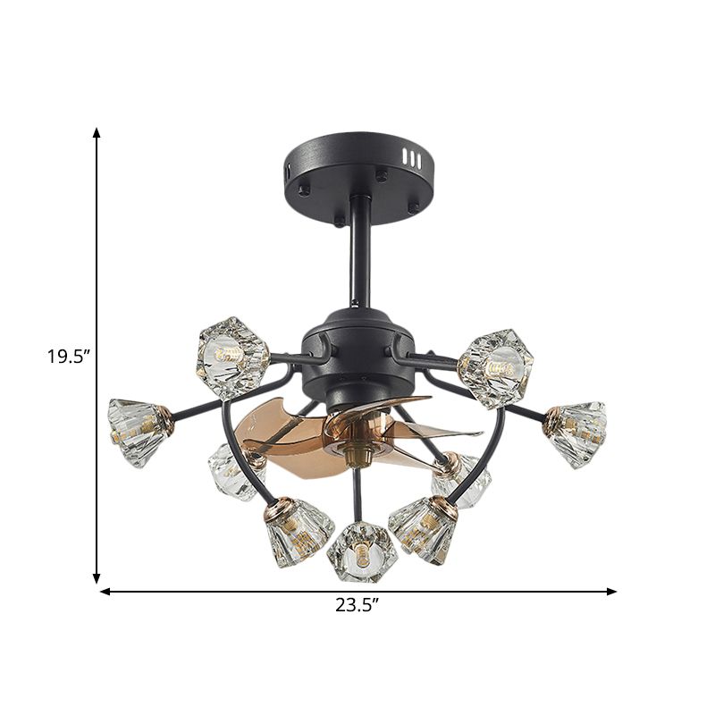 Armoiries courbées traditionnelles suspendues à la lampe à fans 9 têtes Crystal Bell Shade 5 lames semi-luxueuses en noir, 23,5 "de largeur