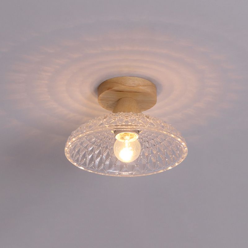 Simple 1-Light Ceiling Light Wooden Ceiling Mount Light with Glass Shade for Living Room