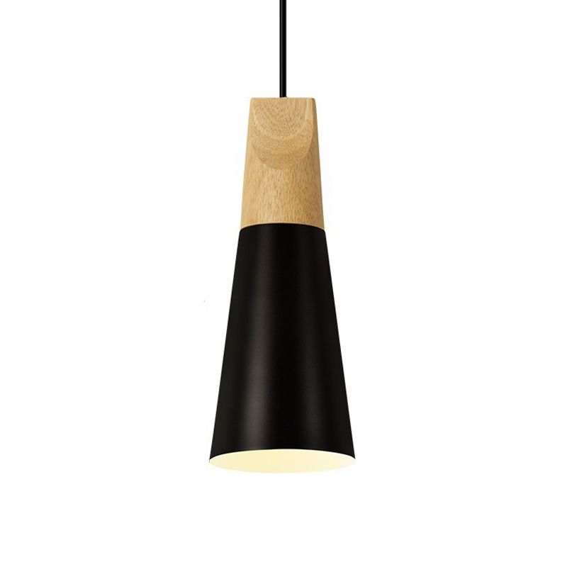 Aluminum Mini Cone Suspension Lamp Macaron Single-Bulb Hanging Pendant Light in Black/Pink/Green and Wood