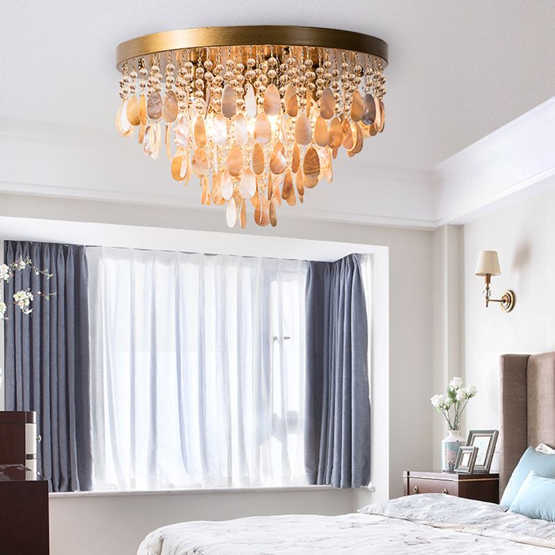 Cascade Shell et Crystal Flush Light Rustic 6/9 Lights Living Room Ceiling Light with Black / Brass Canopy, 16 "/19.5" Wide