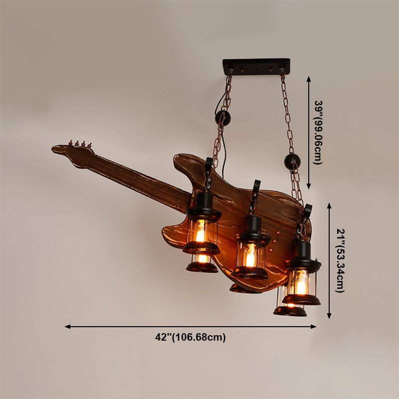 Guitar Chandelier Lighting Rustic Style Wooden Cafe Bar Pendant Light with Glass Kerosene Lantern