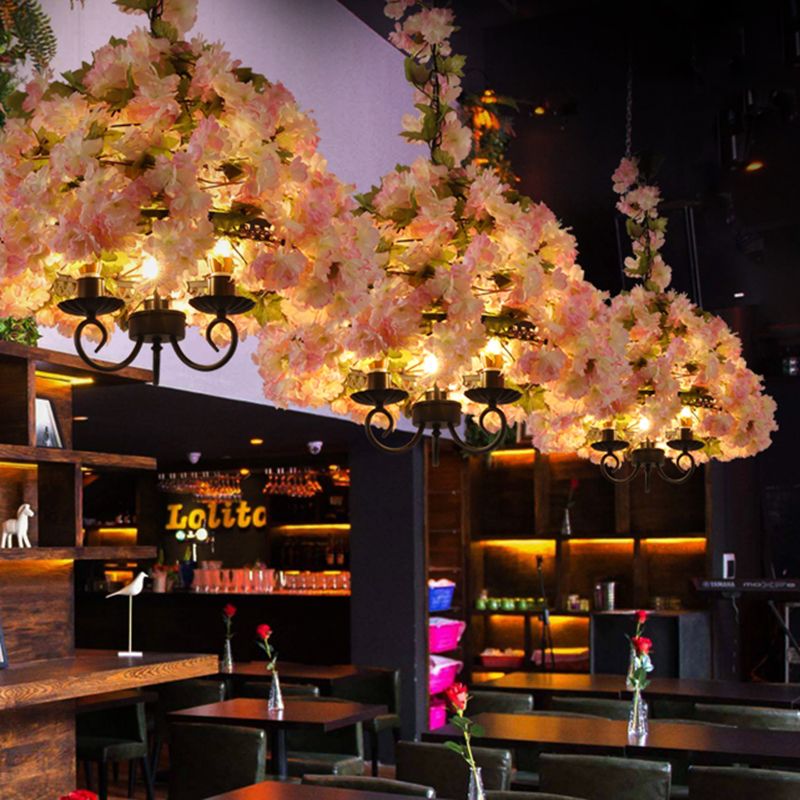 Vintage Bowl Chandelier Light Fixture 3 Heads Metal Flower Pendant Lamp in Pink for Restaurant