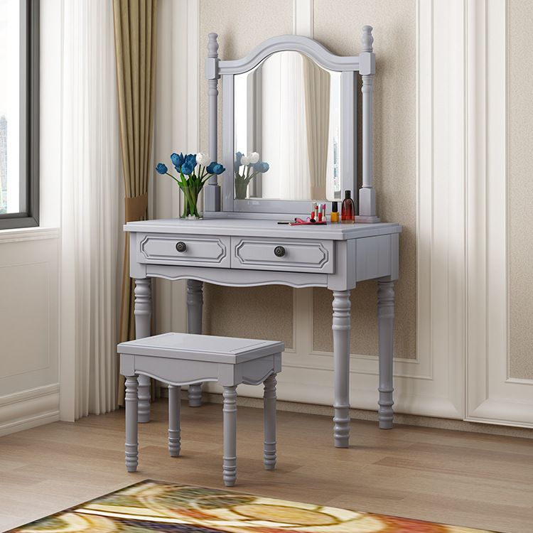 Traditional Mirrored Vanity Set Wood Dresser with 2 Drawers and Stool