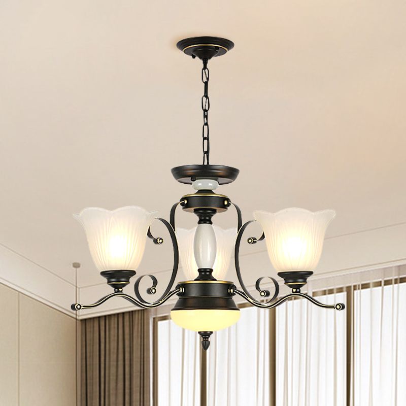 3/6 Heads Blossom Chandelier Lamp Traditional Black Opaline Glass Suspension Lighting with Scroll Arm