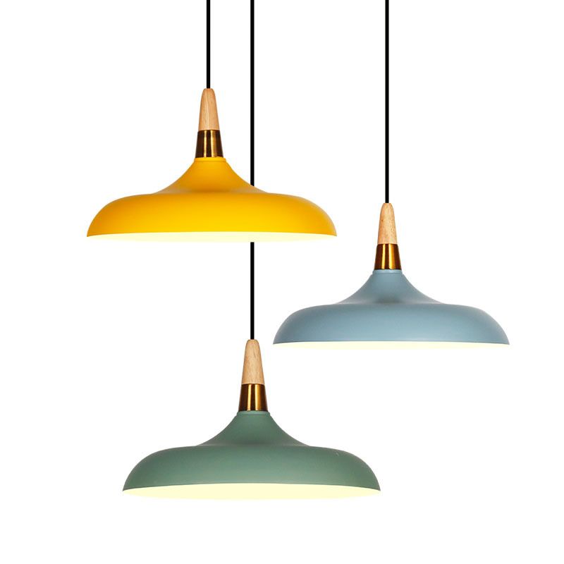 Macarons Industrial Barn Shade Pendant Light Metal 1-Light Restaurant Pendant Lighting with Wooden Top