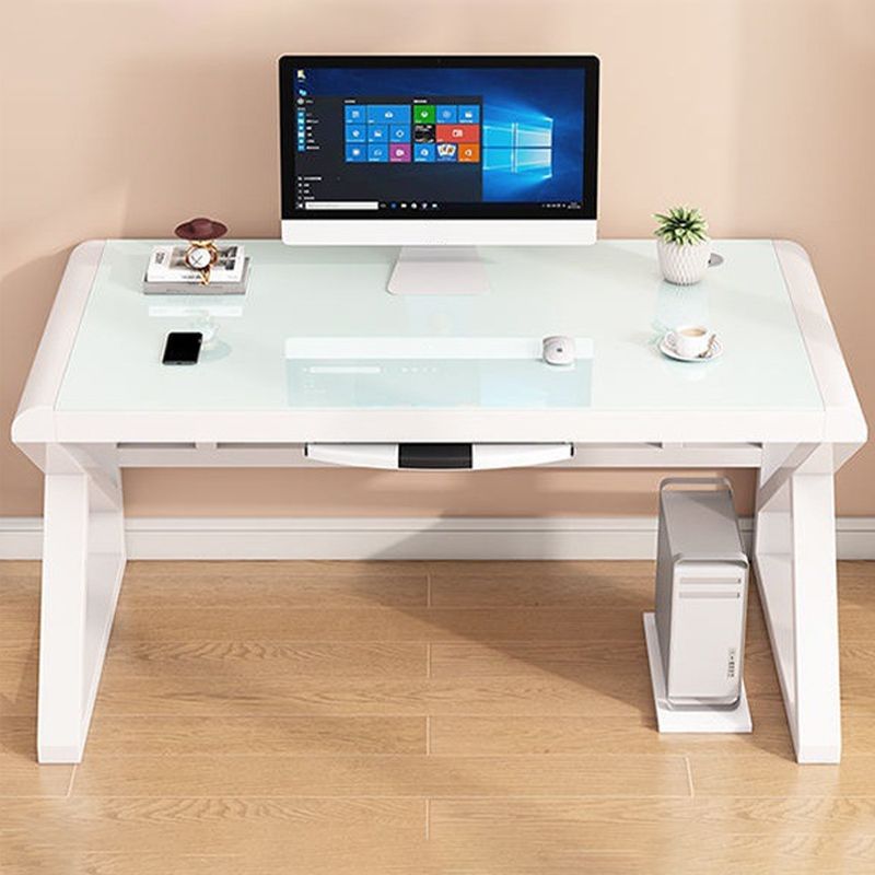 Modern Rectangular Gaming Desk Glass Top 29.53" Tall Computer Desk with Sled Base