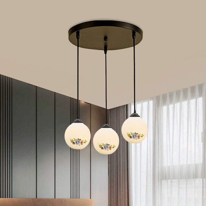 3 Heads Orb Multi-Pendant Modernism Black Finish White Frosted Glass Hanging Light Kit with Flower Pattern and Round/Linear Canopy