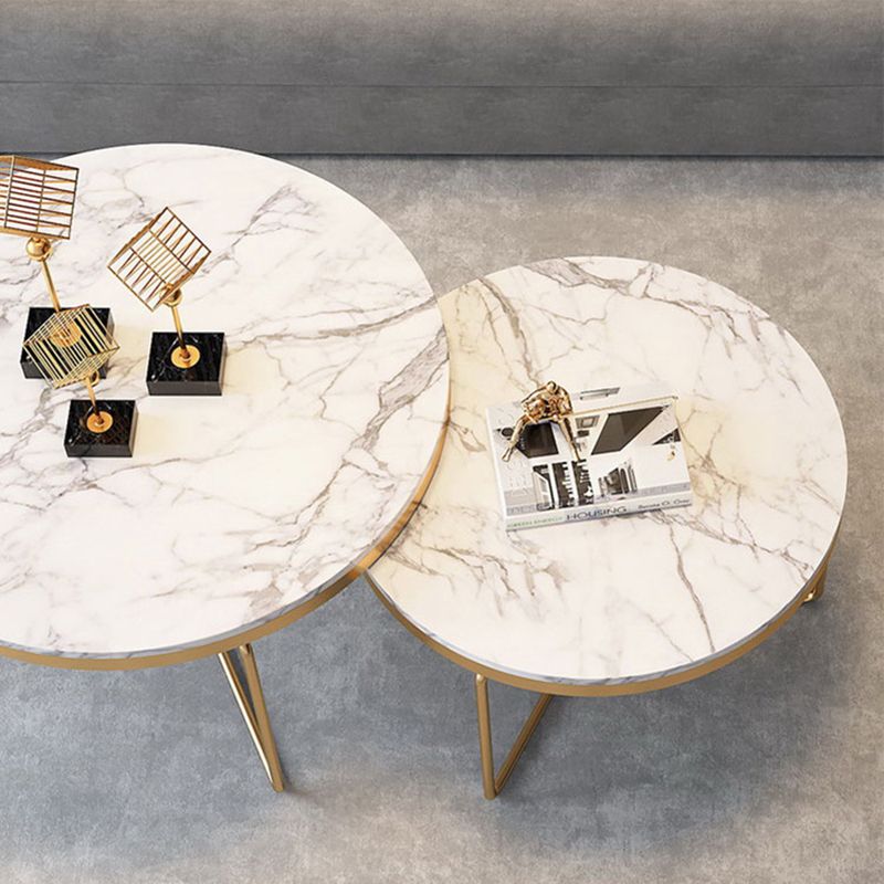 Round Coffee Table Set with Golden Iron X-Base and Marble Top