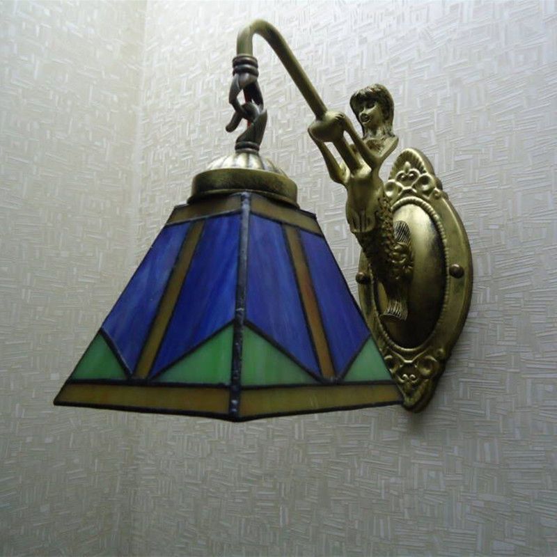 Trapezoid Wall Mount Light Fixture Tiffany Bronze Cut Glass Wall Lighting with Mermaid Arm