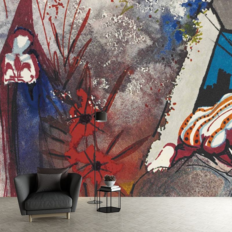 Surreal Abstract Bed Painting Mural Red Moisture Resistant Wall Decor for Hallway