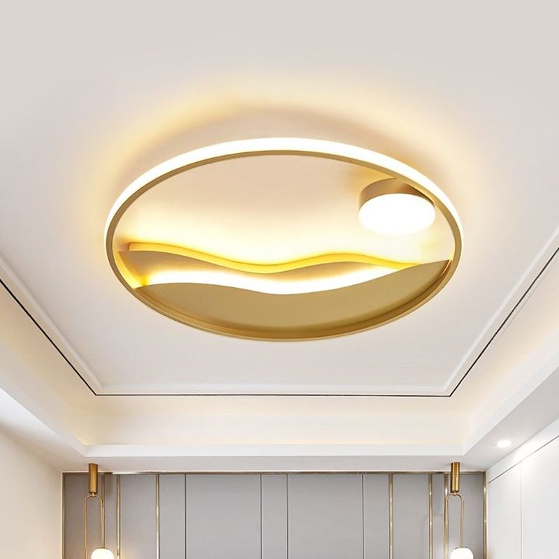 16"/19.5" W Modern Style LED Flush Light Aluminum Golden Sea Sunset Close to Ceiling Fixture with Glow Hoop in Warm/White Light