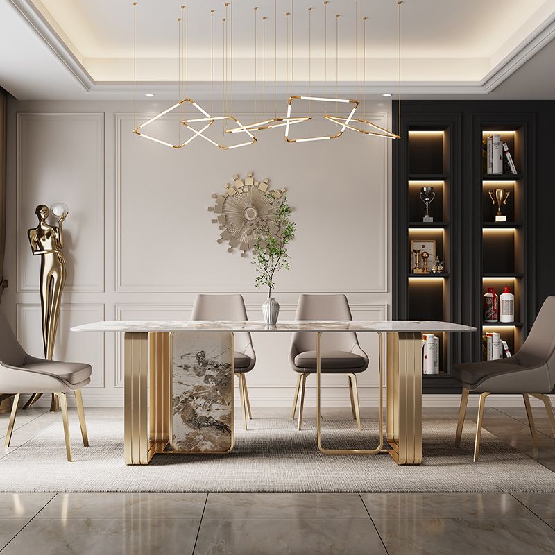 Luxury Sintered Stone Top Table Rectangle Table with Metal Double Pedestal in Gold