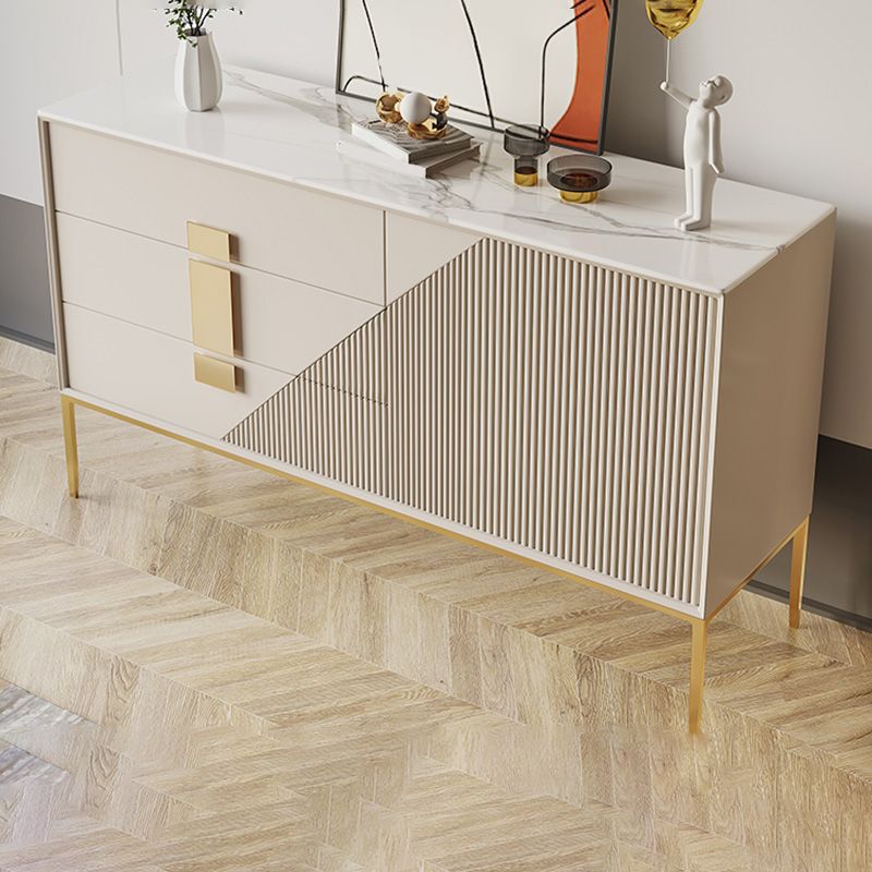 White Sintered Stone Sideboard Glam 3-drawer Credenza with Metal Legs