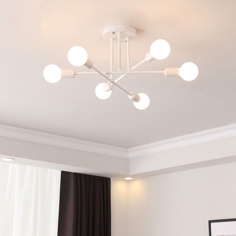 6-Lights Industrial Style Ceiling Lamp Metal Linear Arm Bare Bulb Flush Mount Lighting Fixture for Bedroom Living Room