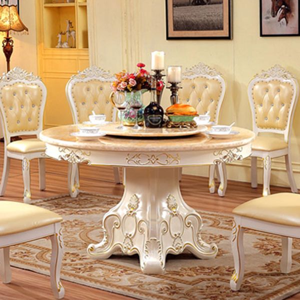 Solid Wood Victorian Round Dining Table Faux Marble Top Table with Pedestal
